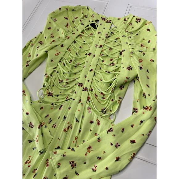 NWT AFRM Lime Neon Green Floral Long Sleeve Side Cutout Strappy Back Dress XS - Picture 7 of 7
